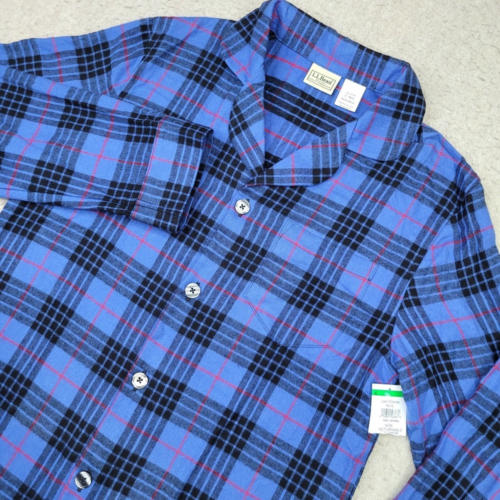 LL Bean Pajama Top Mens Small Blue Scotch Plaid Button Down Flannel 500244 NEW